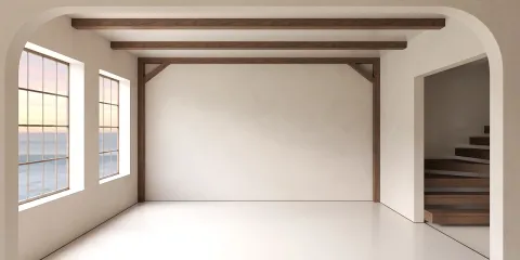 empty living room with large windows featuring natural light and wooden beams, showcasing a minimalistic design style, highlighting interior decor with a focus on open space utilizing Homestyler's real-time 3D rendering feature.