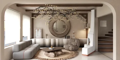Modern living room featuring a comfortable sectional sofa and unique armchair, styled with natural elements, designed to optimize interior layout with smart furniture placement using Homestyler.