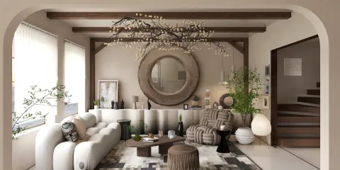 modern living room design featuring a curved sofa and stylish coffee table with natural elements, showcasing interior decor optimization using Homestyler's real-time 3D rendering feature.