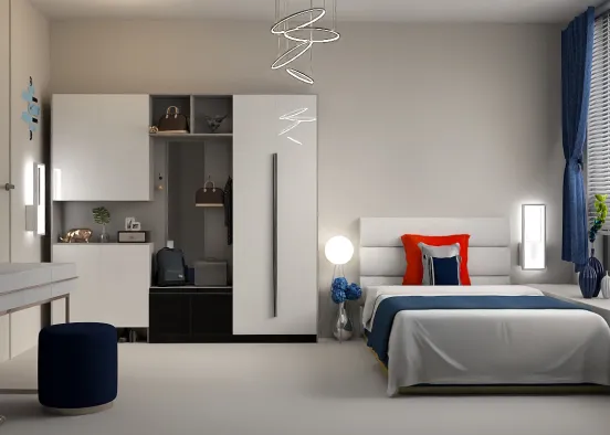 white bedroom with a touch of blue  Design Rendering