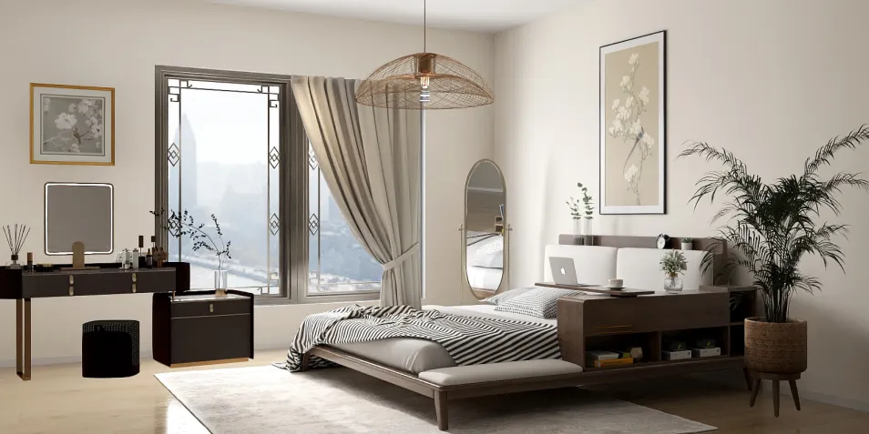 modern bedroom design featuring a wooden bed and stylish furniture arrangement in a minimalist style, showcasing interior decor optimization with Homestyler's real-time 3D rendering feature.