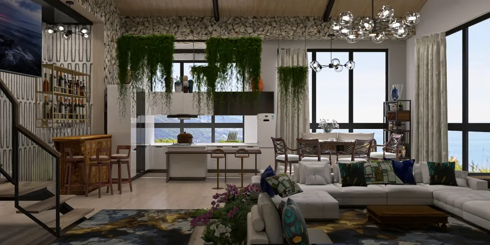 spacious living room featuring modern furniture arrangement with a coastal aesthetic, ideal for enhancing interior decor using Homestyler's real-time 3D rendering capability.