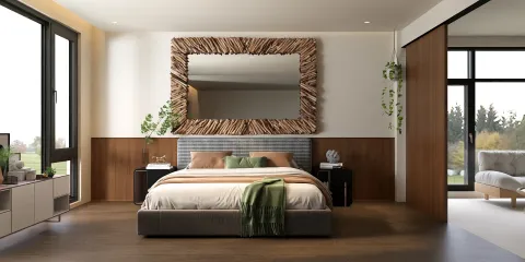 modern bedroom with a wooden accent wall featuring a large decorative mirror, showcasing a cozy atmosphere and optimizing small space design using Homestyler's 3D rendering feature.