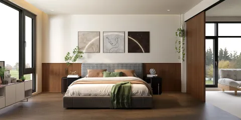 modern bedroom design featuring a cozy bed arrangement with stylish decor elements in a contemporary style, utilizing Homestyler's real-time 3D rendering feature for a realistic preview.
