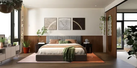 modern bedroom design showcasing smart furniture arrangement with a cozy atmosphere emphasizing relaxation using Homestyler's real-time 3D rendering feature.
