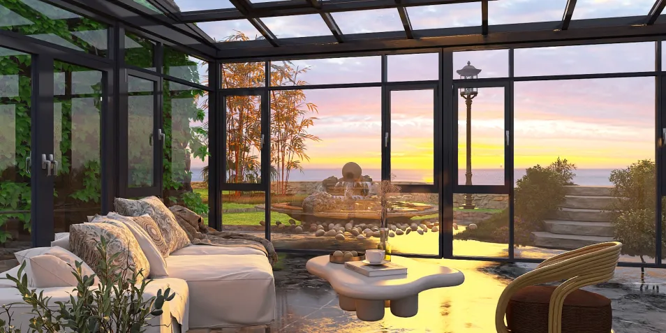 modern sunroom with panoramic glass walls showcasing sunset view, featuring comfortable seating and plants, optimized using Homestyler's real-time 3D rendering feature for immersive design visualization