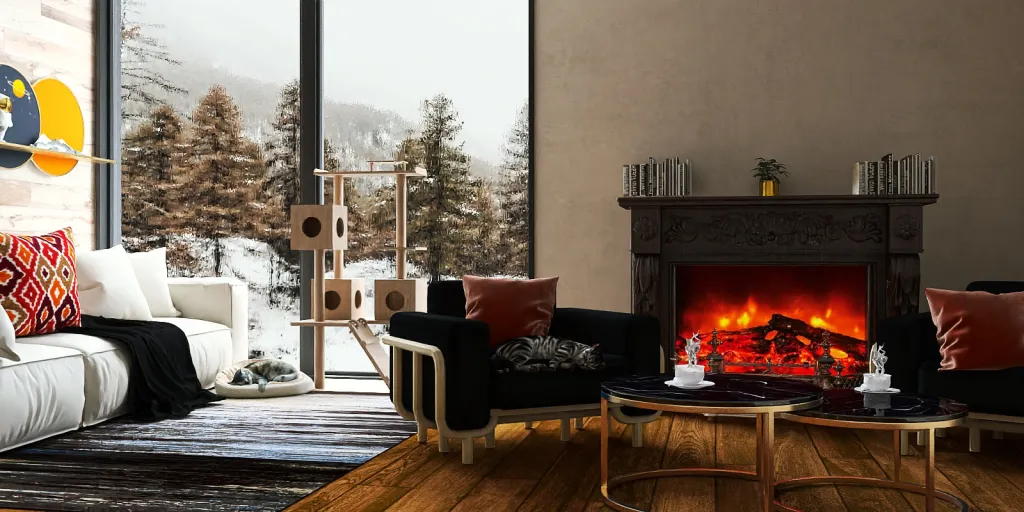a living room with a fireplace and a fire place 