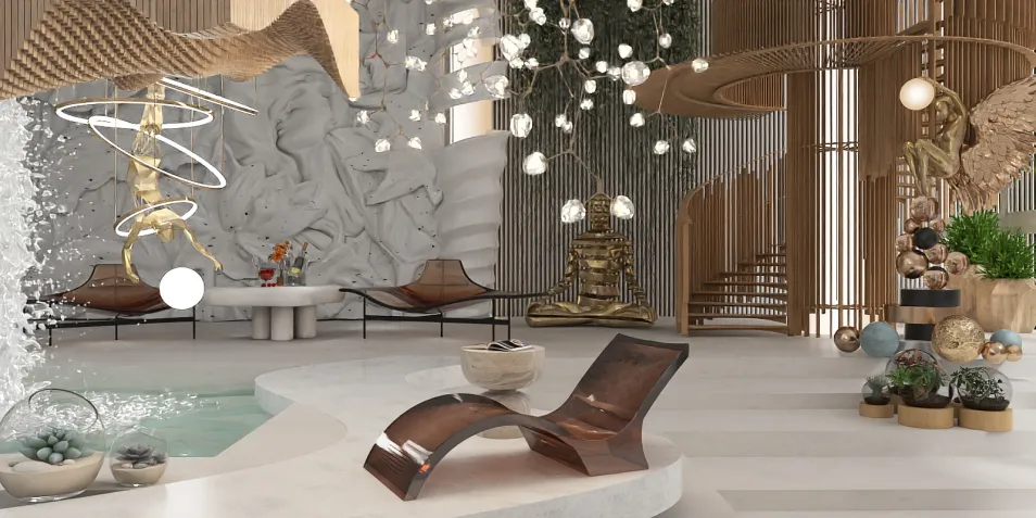 modern lounge area showcasing a stylish low-slung chair arrangement with an artistic water feature, blending contemporary and organic design elements in a spacious and open interior, utilizing Homestyler's real-time 3D rendering feature for design visualization.