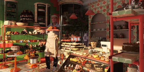 A pastry chef presenting pastries in a vibrant bakery, showcasing a colorful and whimsical design style, emphasizing the appeal of dessert display with Homestyler's real-time 3D rendering functionality.