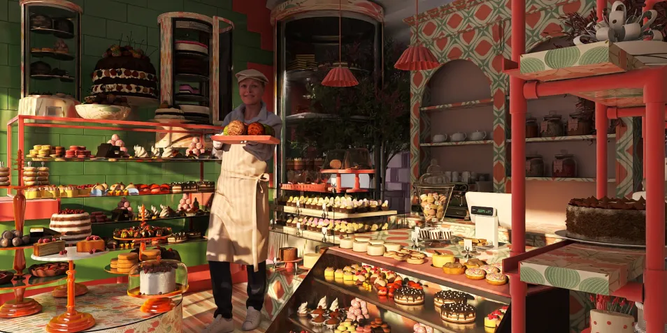 Bakery display filled with colorful pastries and cakes, featuring a baker arranging desserts in a cheerful, retro-inspired style. This interior design showcases vibrant colors and cozy ambiance, optimized using Homestyler's real-time 3D rendering feature.