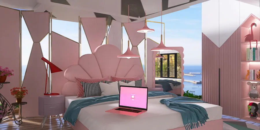 a bedroom with a bed, desk, and a laptop 
