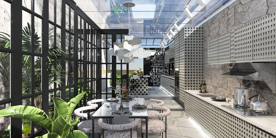 modern dining space featuring an open kitchen design with stone walls and glass roof, stylishly arranged furniture, showcasing a seamless blend of indoor and outdoor elements, enhanced by Homestyler's real-time 3D rendering functionality.