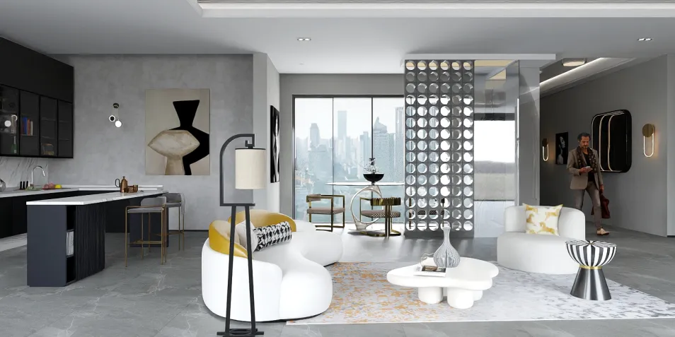 modern living room with stylish furniture arrangement featuring a white sofa and coffee table, showcasing contemporary design elements for interior decoration; includes Homestyler's real-time 3D rendering feature for effective design visualization.