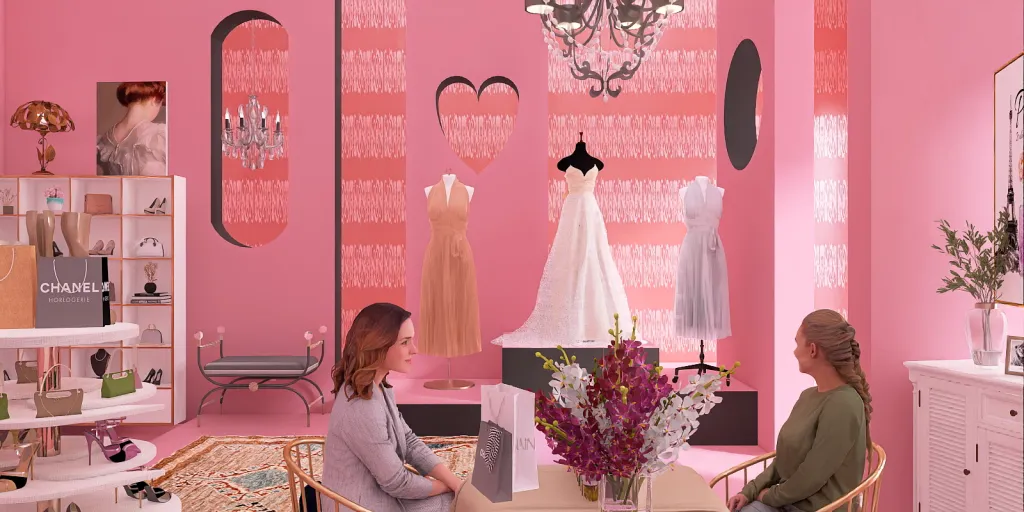 a woman in a pink dress is in a salon 
