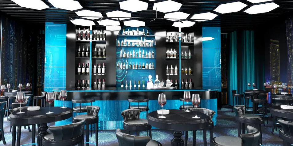 Modern bar area showcasing an organized selection of drinks behind the counter in a sleek contemporary style, enhancing the atmosphere of a restaurant space; featuring Homestyler's real-time 3D rendering for effective design preview.