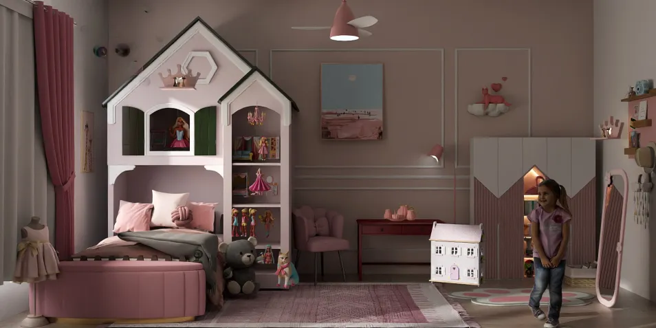 child's bedroom featuring a dollhouse bed and playful decor, designed with a whimsical style for a cozy atmosphere; utilizing Homestyler's real-time 3D rendering for effective design previews.