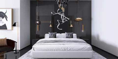 luxurious bedroom featuring a modern chandelier and stylish decor, showcasing interior design using Homestyler's real-time 3D rendering feature for a precise design preview.