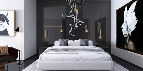 modern bedroom featuring a large bed and abstract art, showcasing a stylish design with a focus on a contemporary look, enhanced by Homestyler's real-time 3D rendering feature for effective design proposal presentations.