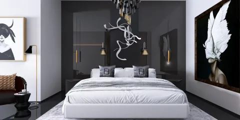 modern bedroom design featuring a sleek bed with luxurious bedding and artistic wall decor, showcasing a contemporary style with high contrast colors; highlights Homestyler's real-time 3D rendering feature for fast design previews.