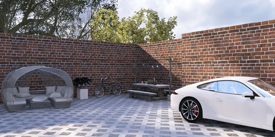 a car parked in front of a brick wall 