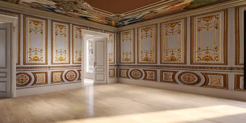 luxurious room with ornate wallpaper design showcasing 3D interior rendering in a classic style, featuring Homestyler's real-time 3D rendering for design proposals.