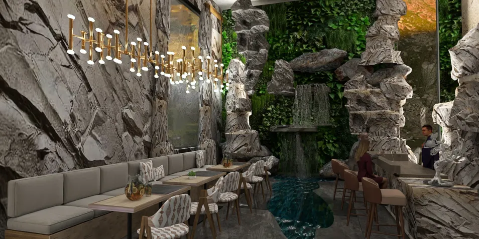 restaurant interior featuring natural stone decor with greenery, displaying smart furniture arrangement for optimized space, utilizing Homestyler's real-time 3D rendering feature.