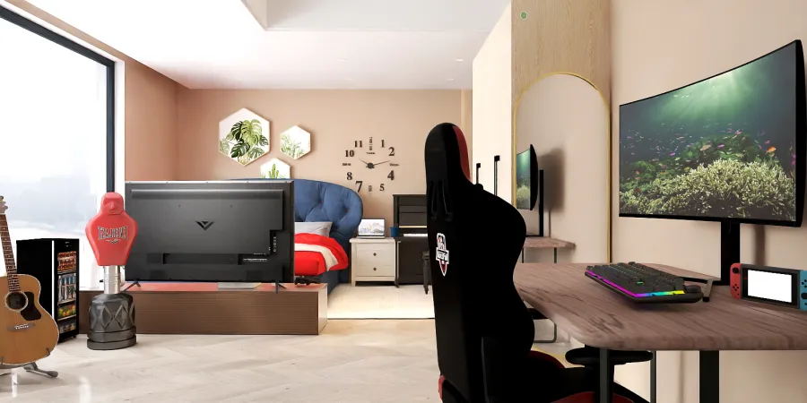 a room with a desk, chairs, and a tv 