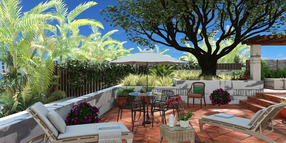 outdoor patio furniture arranged for relaxation in a tropical garden setting with vibrant plants and trees, showcasing the ability to create inviting outdoor spaces using Homestyler's 3D interior design tools.
