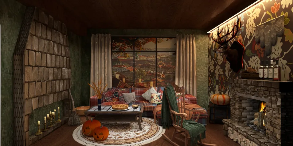 Cozy living room design featuring autumn decor and elements like pumpkins and harvest-themed accents, showcasing a rustic style with a warm ambiance and rich textures, utilizing Homestyler's real-time 3D rendering feature for effective design previews.