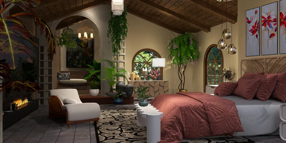 Cozy bedroom design featuring a warm color palette and lush indoor plants, showcasing an inviting atmosphere with a rustic style, enhanced by Homestyler's real-time 3D rendering function.