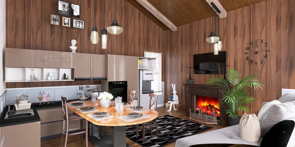 a kitchen with a fireplace and a stove 