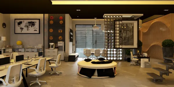 modern office interior showcasing smart furniture arrangement for optimized small space, featuring real-time 3D rendering by Homestyler