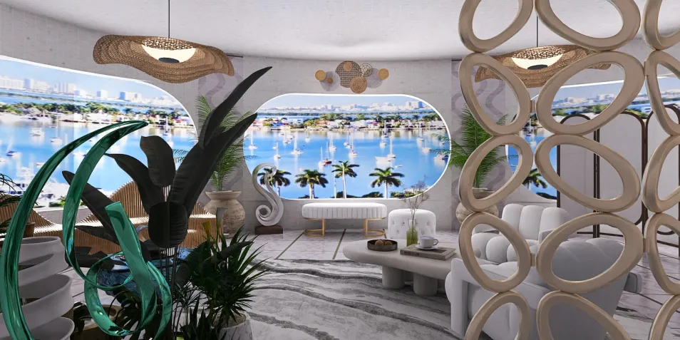 modern living room with panoramic ocean view, showcasing elegant furniture arrangement in a coastal style, emphasizes interior design optimization through Homestyler's real-time 3D rendering feature.