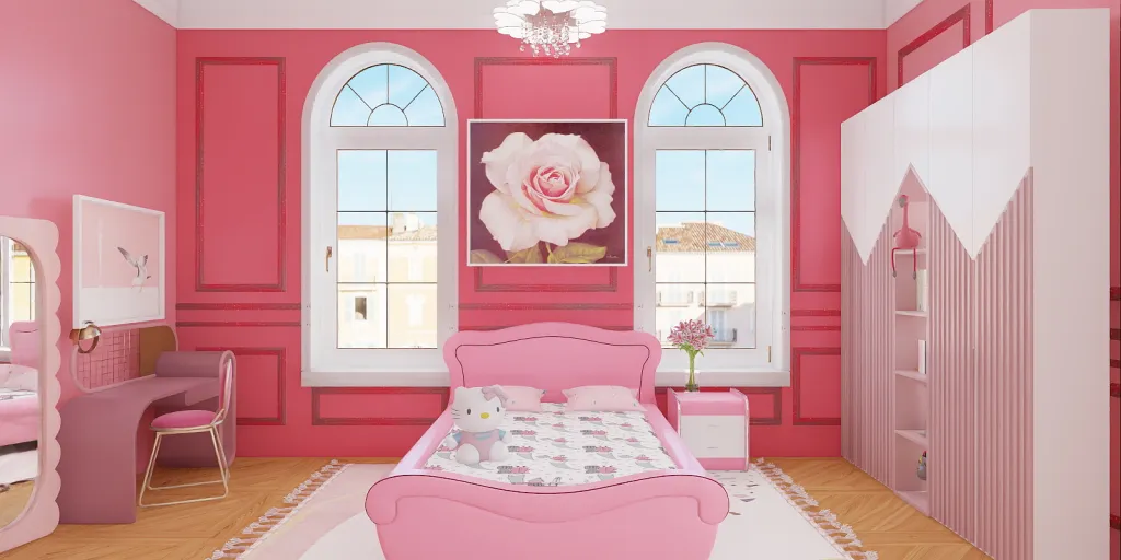a bedroom with a pink bed and pink walls 