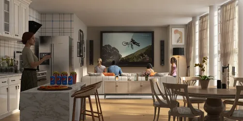 modern living room design featuring a family watching TV, showcasing a casual and inviting style, highlighting Homestyler's real-time 3D rendering feature for seamless design previews.