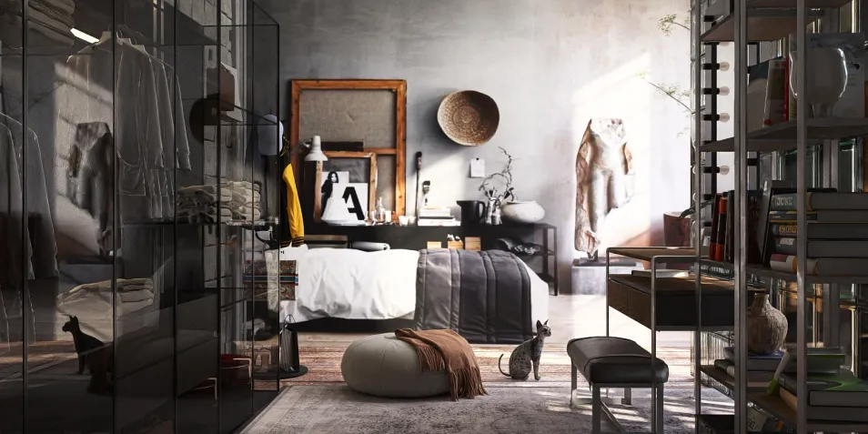 modern bedroom interior design featuring smart furniture arrangement and an industrial style, optimizing small space with Homestyler's real-time 3D rendering capability