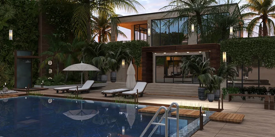 outdoor swimming pool with lounge chairs and umbrella featuring tropical landscaping and modern architecture, showcasing a stunning resort-style backyard design, utilizing Homestyler's real-time 3D rendering for quick visualization.