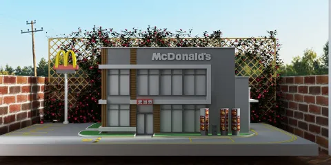 3D model of a modern McDonald's restaurant showcasing exterior design elements with a contemporary style, highlighting the fast-food brand's architectural features and efficiency in space utilization using Homestyler's rendering capabilities.