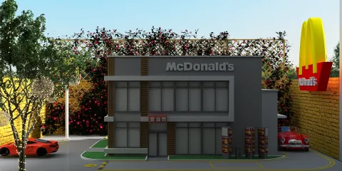 3D model of a McDonald's storefront showcasing a modern facade and outdoor space design in a contemporary style, emphasizing the use of Homestyler's real-time 3D rendering feature for quick visual previews.