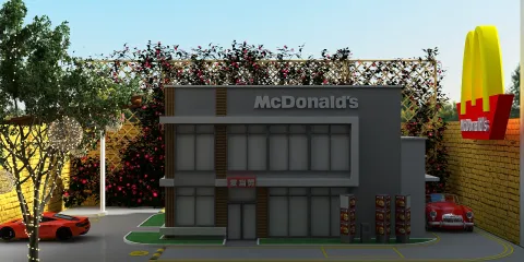3D model of a modern McDonald's restaurant featuring smart furniture arrangement in an urban space, showcasing efficient use of interior design principles; highlighting Homestyler's real-time 3D rendering feature.