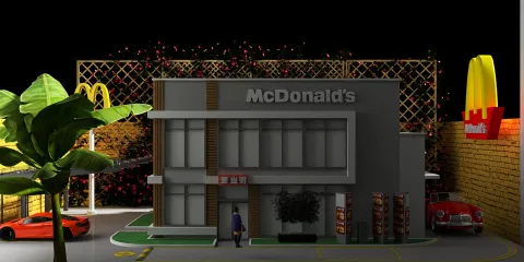 3D model of a McDonald's restaurant showcasing fast food architecture and design style, emphasizing exterior aesthetics and layout planning using Homestyler's real-time 3D rendering feature.