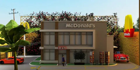 3D rendering of a McDonald's building with modern architecture and vibrant landscaping, showcasing the fast-food restaurant design in an exterior layout; featuring Homestyler's real-time 3D rendering for efficient design visualization.