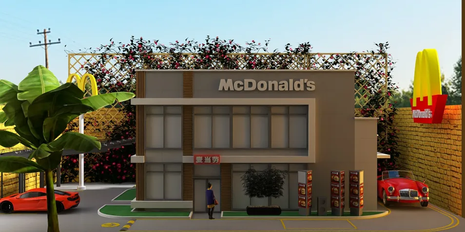 3D rendering of a McDonald's building with modern architecture and vibrant landscaping, showcasing the fast-food restaurant design in an exterior layout; featuring Homestyler's real-time 3D rendering for efficient design visualization.