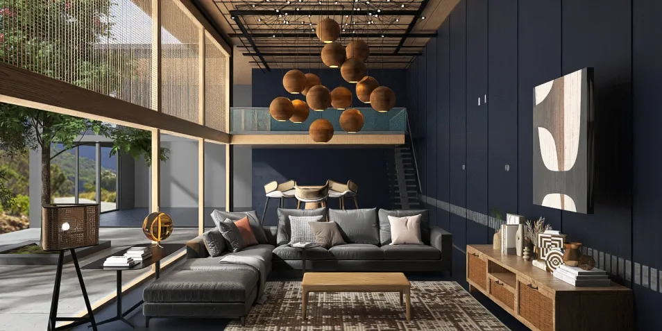 modern living room design showcasing a cozy sofa arrangement with decorative pillows, featuring a blend of natural materials and a blue accent wall, ideal for enhancing interior decor aesthetics; utilizing Homestyler's AR virtual furniture placement for a realistic layout.