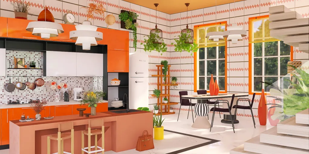 a kitchen with a table and chairs and a vase of flowers 
