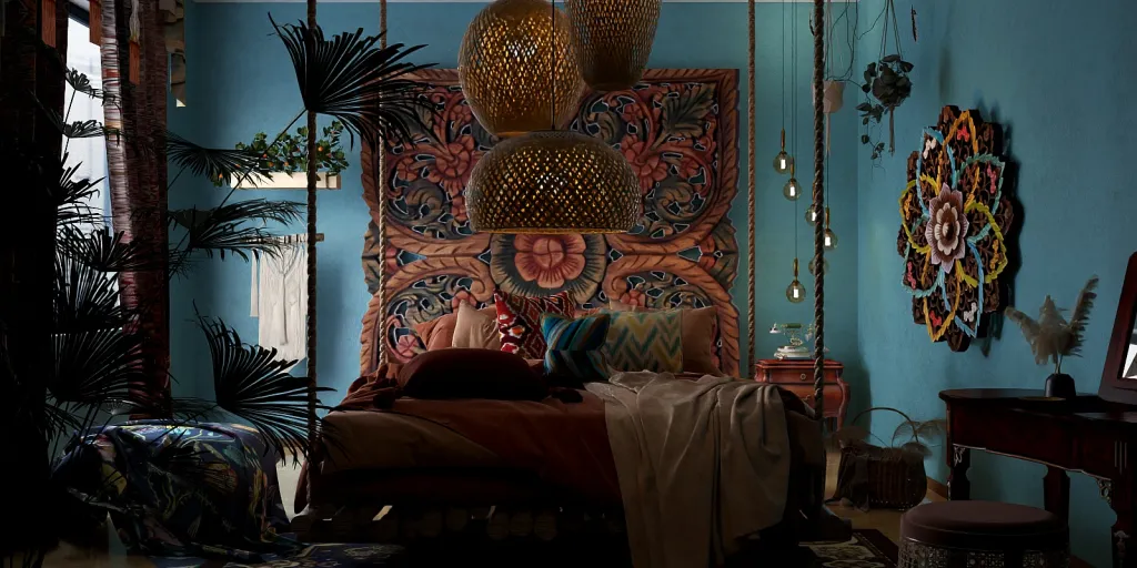 a woman is sitting on a bed in a room 