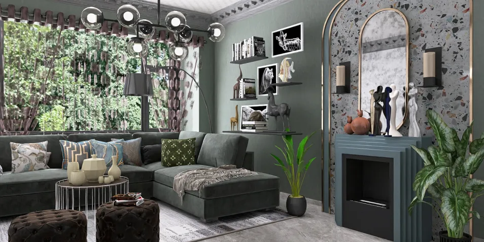 Contemporary living room showcasing a stylish sofa setup with artistic decor, highlighting a modern aesthetic and functional space usage; featuring Homestyler's real-time 3D rendering for design visualization.