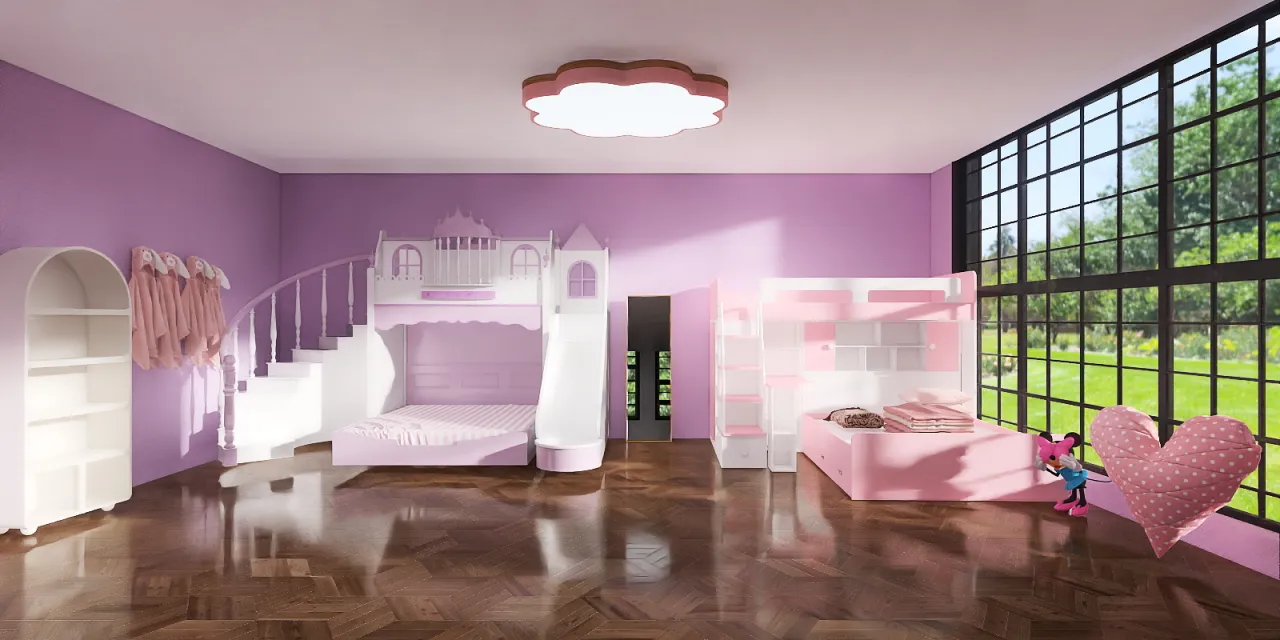 a room with a pink bed, a pink chair, and a pink wall 