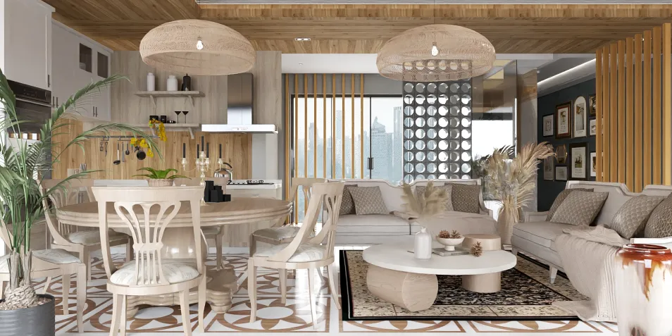 Modern living room featuring a cozy seating area with a sofa and armchairs, arranged in a natural style with wooden elements and decorative plants. This interior design showcases a harmonious mix of textures and a warm color palette, optimized using Homestyler's real-time 3D rendering feature.