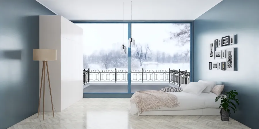 a bedroom with a white bed and a window 